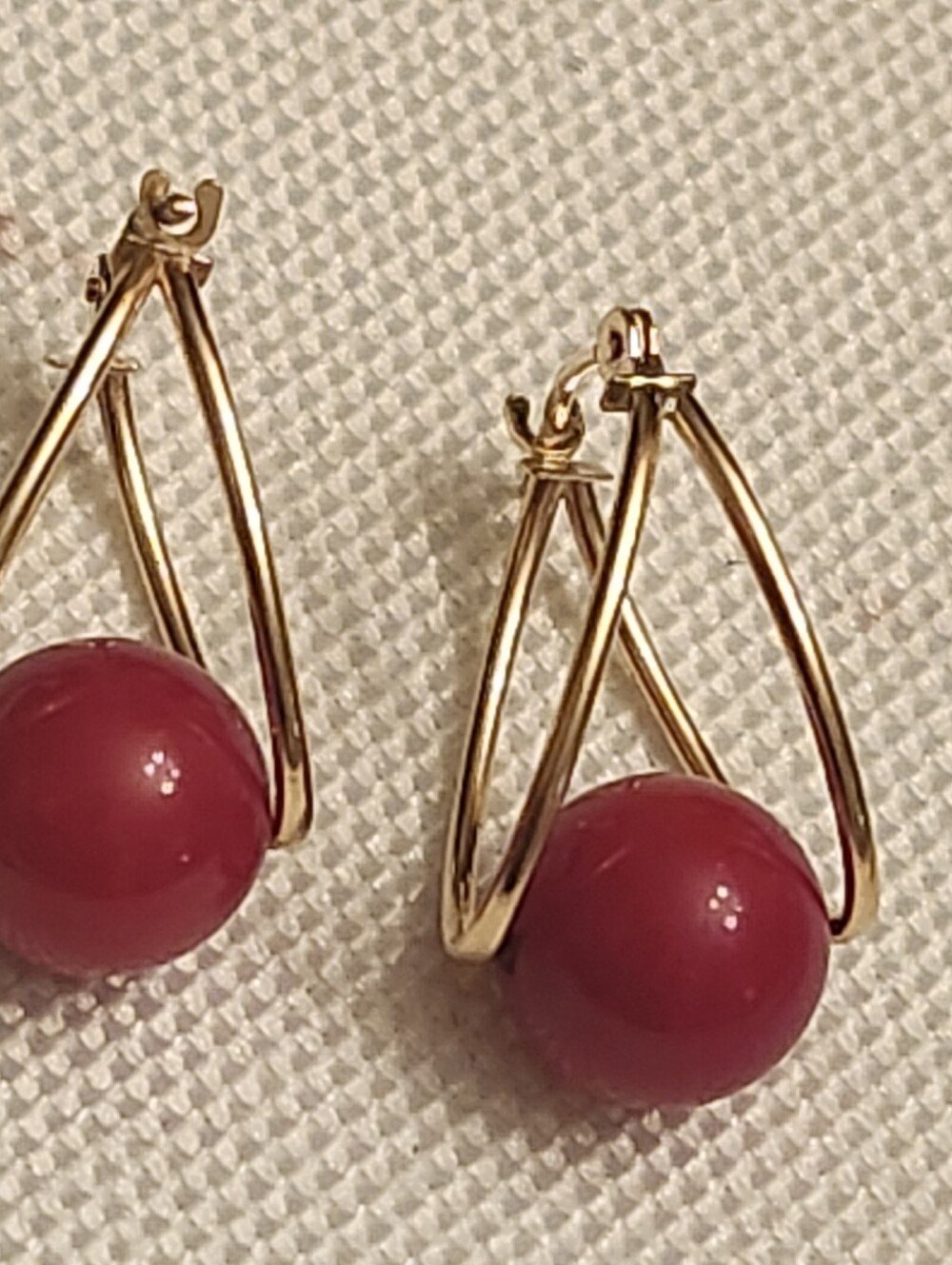 14kt Gold Coral Hoop Earrings with Red Bead Accent - Classic Women's Jewelry